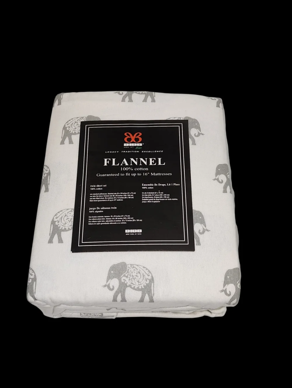BIBB Home Twin Size Ivory Cotton Flannel‎ Sheet Set of 3pc With Gray Elephants